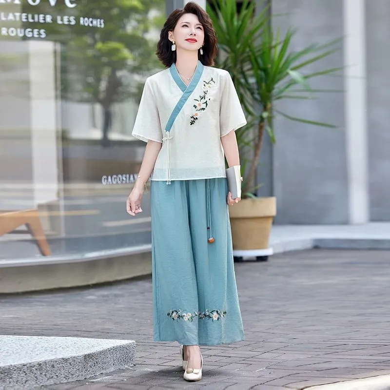 Linen Pant Wide - Nieuwe Chinese stijl linnen tweedelige set