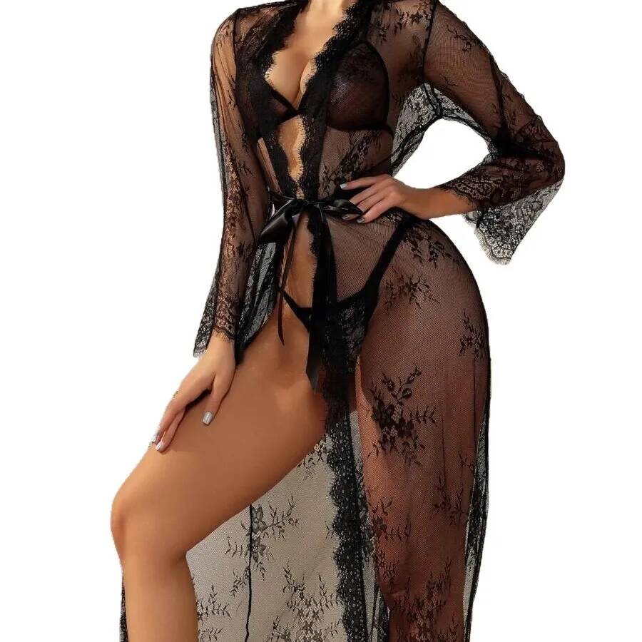 Zwarte kant doorschijnende lan - Kimono Sheer Floral recensie en prijs